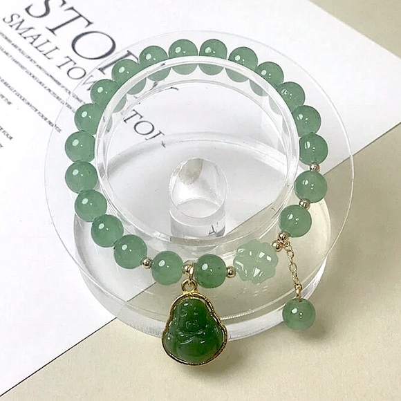2/25 NWT 1pc Murano Jade Glass Four Leaf Clover Buddha Pendant Bracelet - Picture 1 of 5